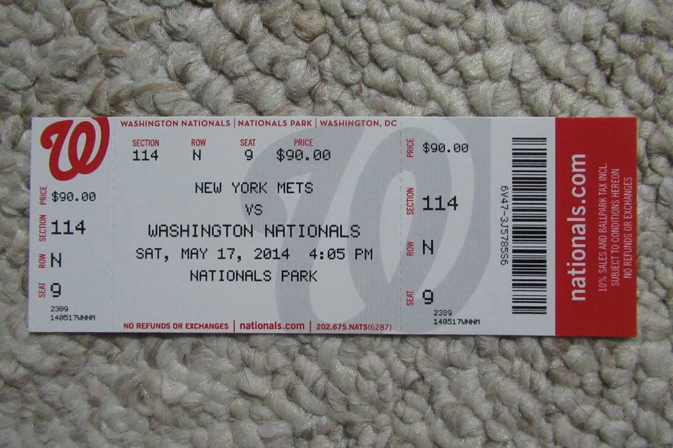 WASHINGTON NATIONALS VS METS 5/17/2014 FULL TICKET ~ LAGARES/DESMOND HRs - Image 1 of 1