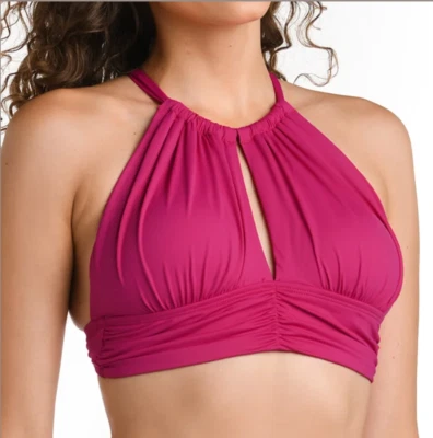 La Blanca Island Goddess High-Neck Midkini Halter Swim Top Magenta 12 NWT - Image 1 of 4