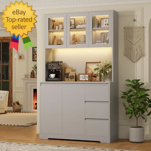 71" Kitchen Pantry Cabinet with LED Lights and Charging Station, Modern Kitchen - Picture 1 of 7