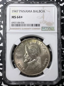 1947 Panama 1 Balboa NGC MS64+ Lot#G9002 Large Silver! Choice UNC! - Picture 1 of 3
