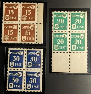 GERMANY 1941, OCCUPATION OF ESTONIA, COMPLETE MI.# 1-3 Y  BLOCKS/ 4 SET. - Image 1 of 2