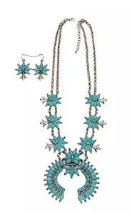 Western Kürbisblüte Faux Türkis Halskette & Ohrringe Set Southwestern Boho - Bild 1 von 24