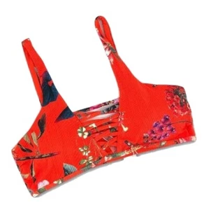 Tinibikini Ribbed Red Floral Bikini Top Lace-Up Front Bralette Pullover Size M - Picture 1 of 6
