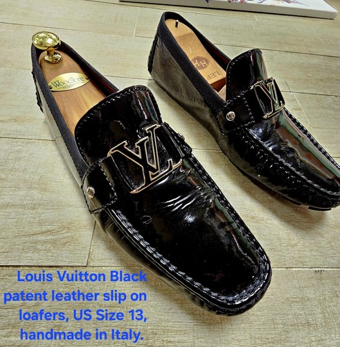LOUIS VUITTON（LV） Mocassini scarpe Louis Vuitton neri in vernice con logo LV US 13 fatti a mano