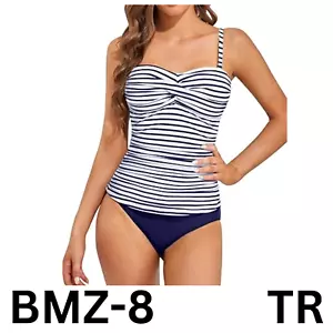 Holipick Women Blue Striped Strapless Tankini Swimsuits Twist Front Bandeau, XL - Picture 1 of 8