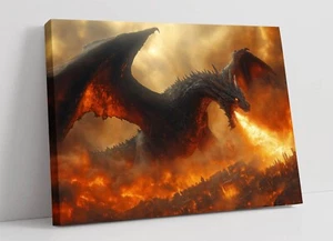FANTASY DRAGON BREATHING FIRE -DEEP FRAMED CANVAS WALL ART PICTURE PRINT - Picture 1 of 2