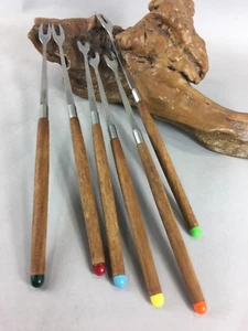 Teak Otagiri Fondue Forks Set Made In Japan Colored Ends Used Vintage - Picture 1 of 4