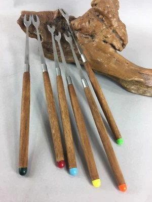 Teak Otagiri Fondue Forks Set Made In Japan Colored Ends Used Vintage - Image 1 of 4