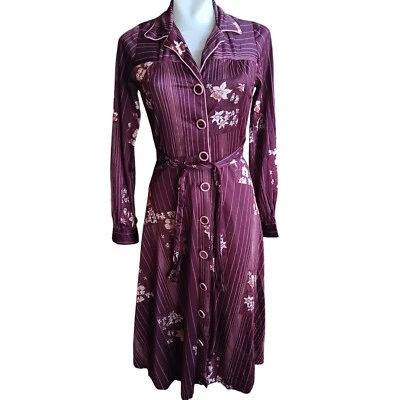 Talla 8 Verdadero Vintage Boho Borgoña Midi Vestido Cinturón Patrón Rayas Acetato Años 70 Foto 1 de 4
