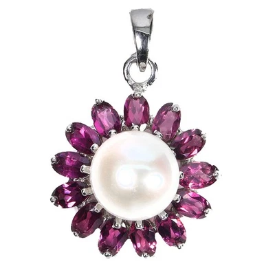 925 Sterling Silber Anhänger Oval Rhodolit Granat Perle Natürlich Edelstein - Bild 1 von 4