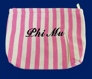 Phi Mu college sorority embroidered 10” zipper bag cosmetic pink white striped - Picture 1 of 7