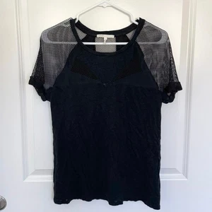 Maje Net Detail Linen Short Sleeve Shirt Black 2 Medium - Picture 1 of 5