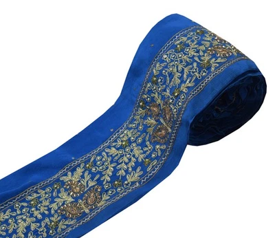 Sushila Vintage Azul Crepé Seda Sari Borde Artesanal Costura Borde Borde Encaje Bordado Foto 1 de 4