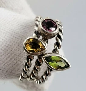 3 Stackable Rings Sterling Silver NF Quartz Peridot Garnet Size 9 Ladys Womens - Picture 1 of 10