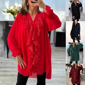 Womens V Neck Pleated Loose Tops Ladies Casual Summer Pullover Long Shirt Blouse - Picture 1 of 16