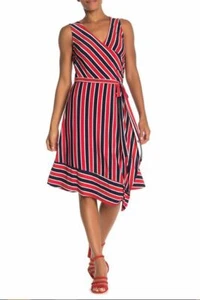 West Kei Maxi Faux Wrap Dress Asymmetrical Blue Red Striped NWOT Made in USA - Picture 1 of 11