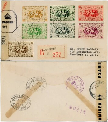 REUNION WW2 CENSORED REGIST.7 COLOUR FRANKING FRANCE LIBRE FEB 1945 via PORTUGAL - Image 1 of 3