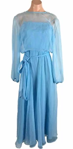Vintage MISS ELLIETTE Sleeveless Long Gown Dress Bay Blue Chiffon Formal Evening - Picture 1 of 9
