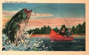Pintura artística postal vintage de 1920 The First One I Caght Big Fish Fishermen - Imagen 1 de 2