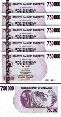 Zimbabwe 750000 Dollars 2007, UNC, 5 Pcs LOT, Consecutive, P-52, Bearer Cheque - Image 1 of 4