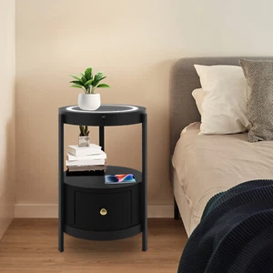 Smart LED Nightstand w/ Black Drawer, Side Table with USB &Wireless Charging - Picture 1 of 16