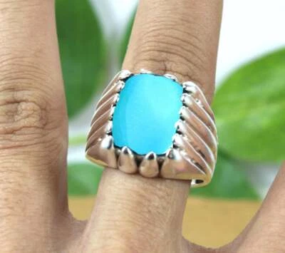Solid 925 Sterling Silver AA Blue Turquoise Gemstone Signet Men's Gift Ring - Image 1 of 4