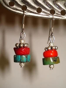 1 1/4" Drop Handcut Turquoise Heishi  & Red Coral Santa Fe Style .925 Earrings - Picture 1 of 6