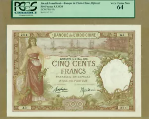 French Indochina Djibouti Somaliland 1938 500 Francs PCGS 64 SCWPM# 9b - Picture 1 of 2