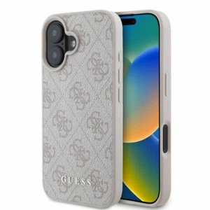 Hülle iPhone 16 Guess Kunstleder Muster rosa Schrift goldfarbig - Bild 1 von 8
