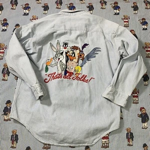 Camisa de mezclilla vintage años 90 Looney Tunes a rayas cambray abotonada adulto MEDIANA - Imagen 1 de 7