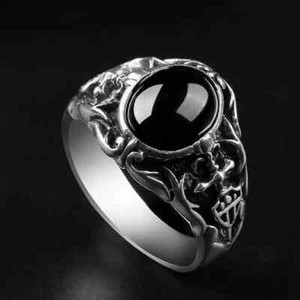 Antique Black Agate Silver Titanium Steel Ring Men Punk Fashion Jewelry - Picture 1 of 6