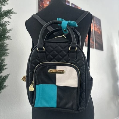 Betsey Johnson Mini Backpack Quilted Black Teal White Bow Color Block Crossbody - Image 1 of 4