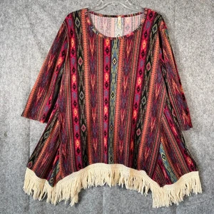Top tunica donna stampa tribale frange boho taglia grande oversize arty western - Foto 1 di 8