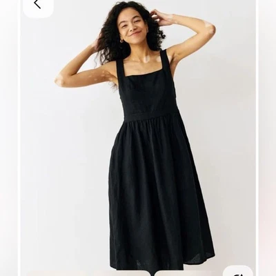 Grae Cove 黑色 100% 亚麻 Lagenlook LBD 方领 Winnie Midi 连衣裙 S — 第 1/4 张图片