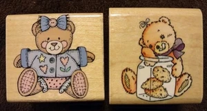 2 auf Holz montierte Teddybär Gummistempel frecher Bär & Keksbär so süß! - Bild 1 von 5