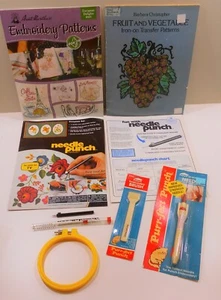 Collection of Needle Punch Tools & Supplies Plus Two Embroidery Transfer Books - Picture 1 of 2