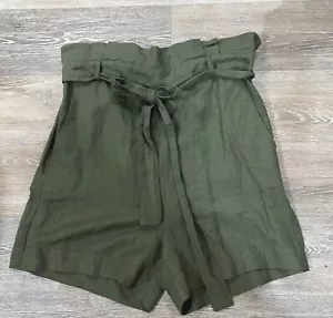 BlankNYC Sz L Linen Bld Olive Army Green Paperbag Shorts Belted Pull On Elastic - Picture 1 of 12