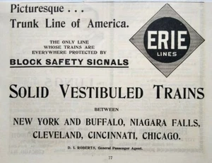 Anuncio de Colección Impreso Erie Lines Ferrocarril Cleveland Nueva York Búfalo Niágara 1895 - Imagen 1 de 2