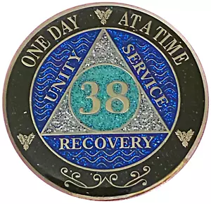 AA 38 Year Medallion, Black Rainbow, Blue Glitter, Alcoholics Anonymous Coin - Picture 1 of 2