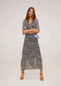 Maxi abito donna mango nero/beige stampa animale avvolgente UK 10 NUOVO - Foto 1 di 5
