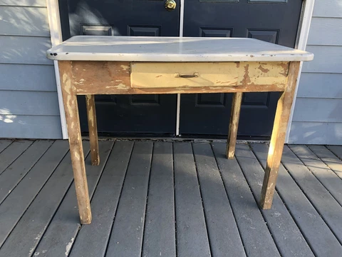Vintage Yellow Chippy White Enamel Top Table with Drawer Cover