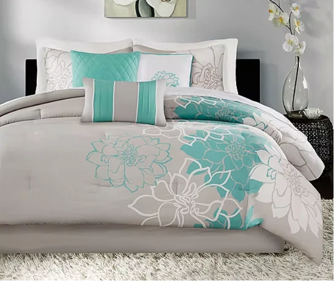 New Madison Park Lola 2 pcs Floral Geometric Comforter Set Queen Aqua Gray  i82M - Image 1 of 3