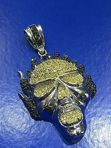 3" GROSSER SCHÄDEL FEUER FLAMMEN STERLINGSILBER SCHWARZ GELB EDELSTEINE HERREN ANHÄNGER 3" - Bild 1 von 8
