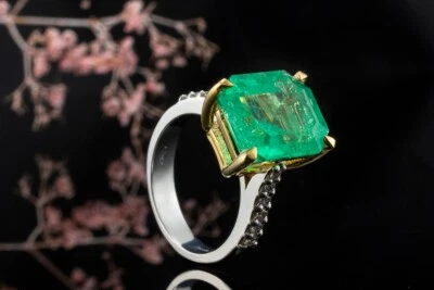 Ring Smaragd 750 Natürlich und Diamanten in Weißgold Gelbgold Bicolor Schmuck - Bild 1 von 4