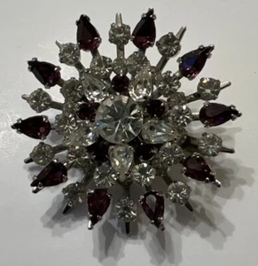 Rhinestone Brooch Vtg Starburst Purple Clear Layered Round Glass Jewelry Pin - Picture 1 of 7