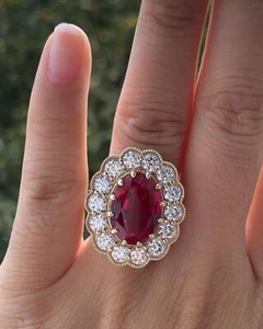 Oval Cut 3.42 Ct Natural Ruby & Diamond Wedding Ring 14K Yellow Gold 7 8 9 - Picture 1 of 4