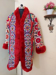 Vintage Afghan Banjara Pelz bestickt Long Jacke Damen Boho Mantel Mehrfarbig - Bild 1 von 3