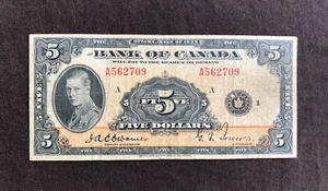BANCONOTA BANCA DEL CANADA 1935 $5 CINQUE DOLLARI A562709 VERSIONE INGLESE - Foto 1 di 8