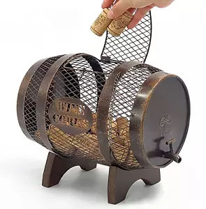 Rustic Metal Large Barrel Wine Cork Holder Display on Wooden Stand, Wine Lover G - Picture 1 of 9