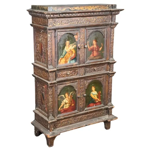 18th Century Italian Paint Decorated Figural Reliquary or Collector's Cabinet Cover